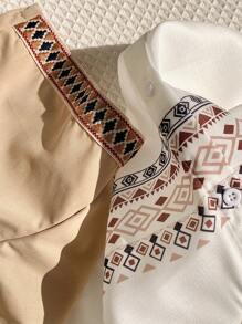 SHEIN 2 件套新生男童和女童休闲花朵复古印花亚麻舒适短袖立领衬衫和短裤套装，适合外出、节日派对、居家、春夏 - 白色 - 查看 7