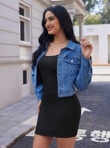 SHEIN Essnce 女士时尚休闲长袖单排扣牛仔夹克 - 中等水洗藍 - 查看 4