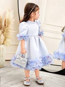 SHEIN 女婴立领短袖荷叶边缎面中长连衣裙 - 藍色 - 查看 4