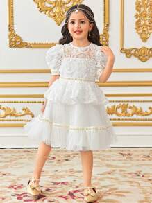 SHEIN Leap Crew Young Girl Gorgeous 3D Floral Lace Trim Decor Round Neck Mesh Overlay Dress - White - View 4