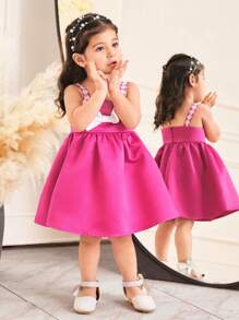 SHEIN Đầm hai dây ren viền bèo nhún phối nơ nhiều màu thanh lịch cho bé gái - Màu Hồng Tươi - Xem 6