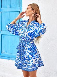 Vivid Eden Woven Printed Short Sleeve Loose Mini Dress For Women,Summer Clothing,Vacation Style,For Beach Vacation - Blue and White - View 7