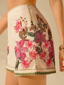 CAJUNI 女士彩色波西米亚风花卉和植物印花迷你短裤，夏季休闲海滩度假短裤 - 彩色 - 查看 7