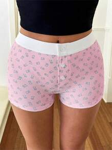 SHEIN EZwear Pantalones cortos de mujer casuales con estampado de oso y bloque de color en la cintura