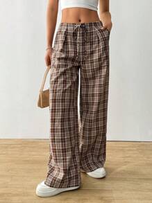 SHEIN EZwear Women's Casual Loose Plaid Drawstring Waist Long Pants - Multicolor - View 6