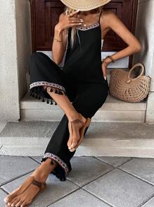 Women's Minimalist Black Elegant Comfortable Loose Jumpsuit Strap Romper For Vacation - Black - View 1