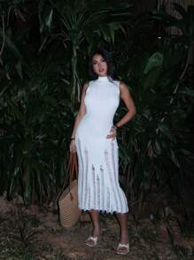 Elenzga 春夏度假镂空性感百搭无袖针织女连衣裙