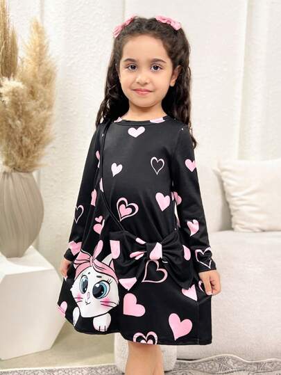 SHEIN Knitted Loose Casual Cat Print Round Neck Dress And Crossbody Bag For Young Girls