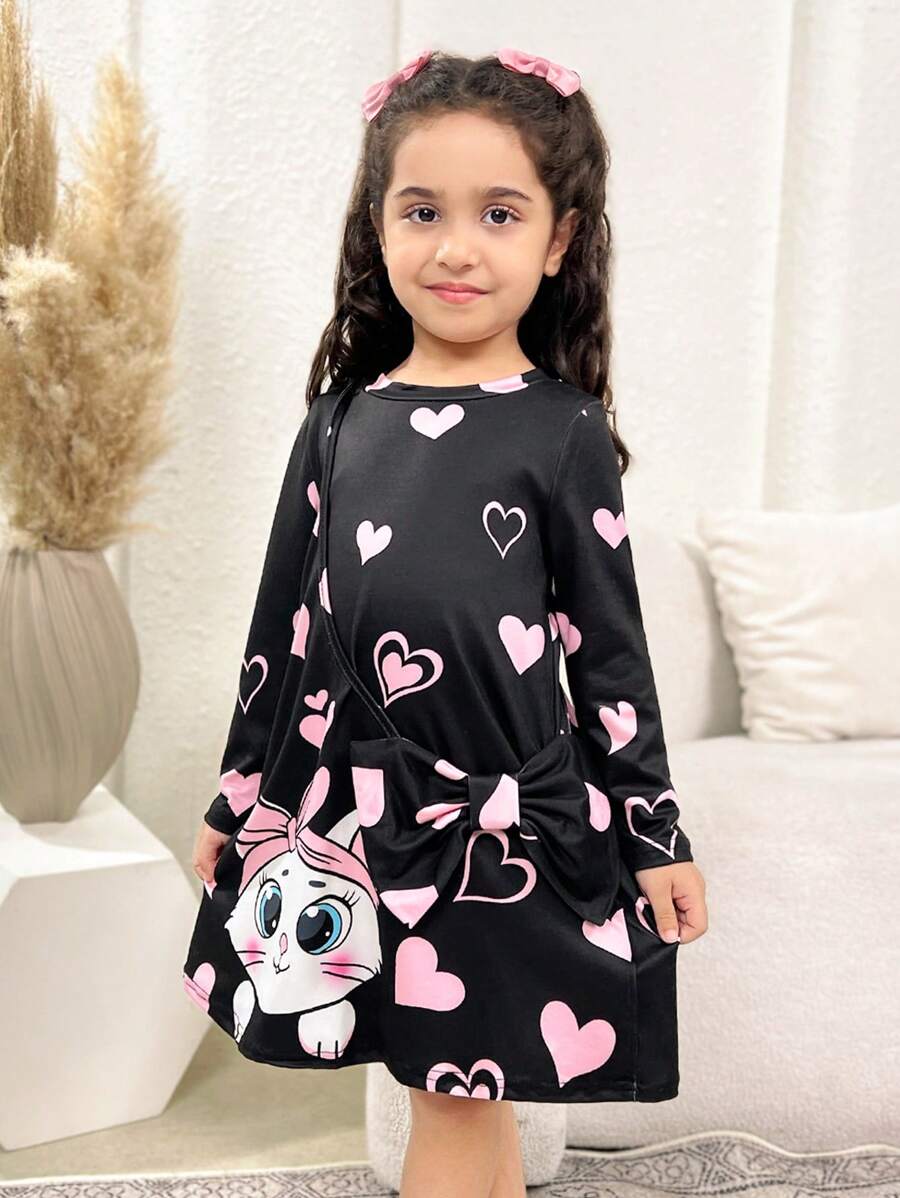 Knitted Loose Casual Cat Print Round Neck Dress And Crossbody Bag For Young Girls - Black - View 1