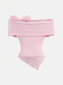 Girlism Tween Girl Off-Shoulder Bowknot Long Sleeve T-Shirt Top, Back-To-School,Cute Tops School,Pink Top,Fall Tops,Preppy Tops/Valentine's Day - Pink - View 2