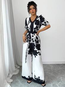 Chiquease بيجامة فضفاضة للسيدات ذات خصر محكم بطباعة رقمية أنيقة