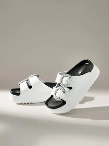 Solecia Women's Thick Bottom Rhinestone Buckle Design Wedge Slide Sandals Spring Break Easter For Casual Beach Style - White - View 3