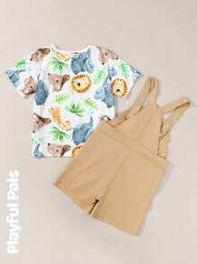 SHEIN Young Boy Animal Print Short Sleeve Top And Bib Shorts Set - Khaki - View 2