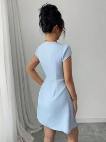 Elenzga Women's Light Blue V-Neck Cinched Waist Button Decor Mini Dress - Blue - View 2