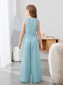 SHEIN Tween Girls' Casual Woven Striped Sleeveless Asymmetrical Hem Tank Top And Relaxed Fit Pencil Pants 2 Pieces Set, Mint Blue, Back To School, French Chic, Fashion Commute