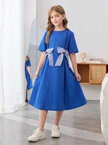 SHEIN Leap Crew 青少年女孩宽松蝴蝶结装饰 A 字短袖圆领连衣裙 - 藍色 - 查看 6