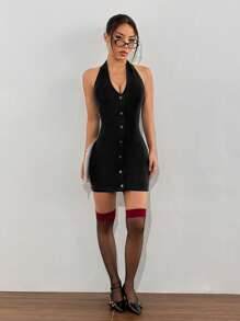 Muchica Black Halter V-Neck Bodycon Mini Dress - Black - View 4