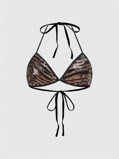 J-Fashion Y2K Retro Party Festival Shiny Sequin Zebra Print Wireless Bralette With Criss-Cross Straps