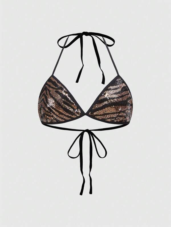 ROMWE J-Fashion Y2K Retro Party Festival Shiny Sequin Zebra Print Wireless Bralette With Criss-Cross Straps