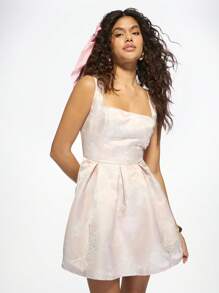 MISSGUIDED 优雅修身喇叭迷你连衣裙方领锦缎粉色珍珠婚礼宾客春夏特殊场合派对百褶裙