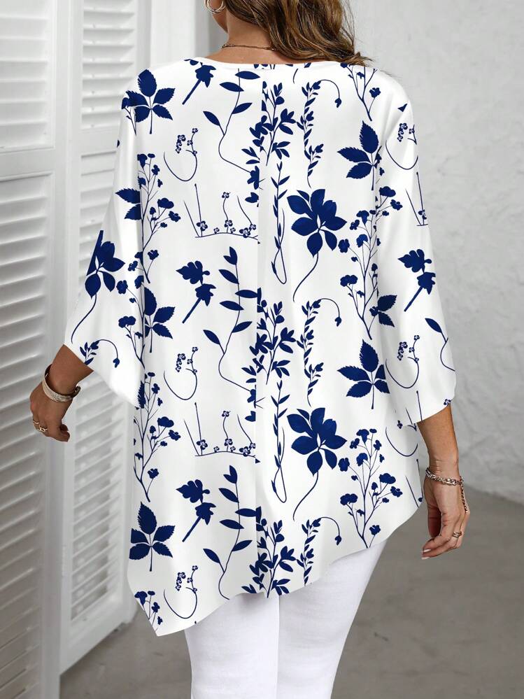 EMERY ROSE Plus Size Casual Minimalist All-Over Print Shirt, Spring/Autumn Spring Blouses For Women Blouses For Women Elegant Chic Blouses For Women,Flower/Summer/Vacation - Multicolor - View 3