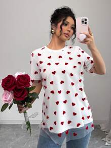 Chiquease Valentine's Day Date , Mesh & Heart Layered Loose Short Sleeve T-Shirt - White - View 1