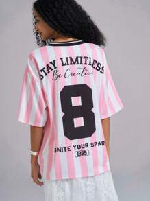 Easelle 条纹印花 V 领落肩袖女式 T 恤