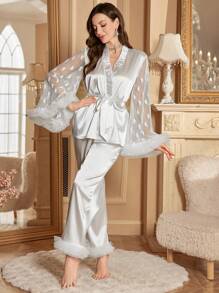 Luxury Floral Lace Trim Wide Sleeve Patchwork Heart Net Pajama Set