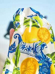 SHEIN VCAY Blusa con estampado de limón, escote en forma de corazón y mangas de farol para mujer talla grande, estilo bohemio, ideal para vacaciones de verano y primavera en la playa