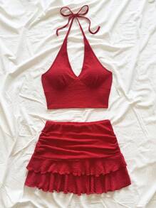 Soleia 2pcs Women's Dark Red Summer Boho Vacation Holiday Knit Texture V-Neck Backless Halter Tie-Up Bow Cropped Camisole&Ruched Ruffle Hem Mini Skirt Set - Red - View 2