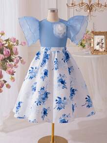 SHEIN Leap Crew Tween Girls 2pcs Set Layered Ruffle Sleeve Blouse & Floral Print Skirt - Blue and White - View 3