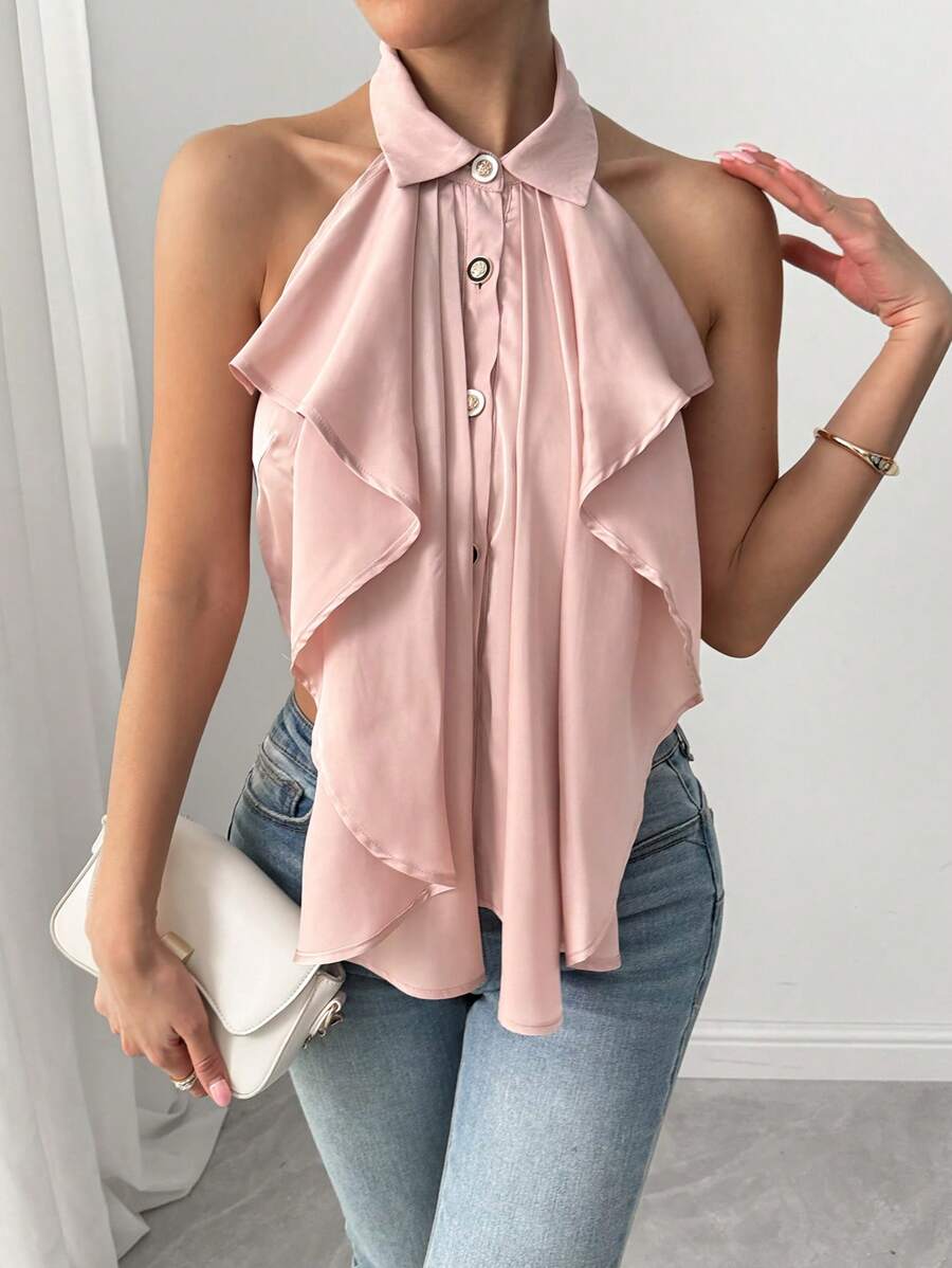 SHEIN Unity 女士夏季荷叶边无袖露背挂脖衬衫 - 淺粉色 - 查看 1