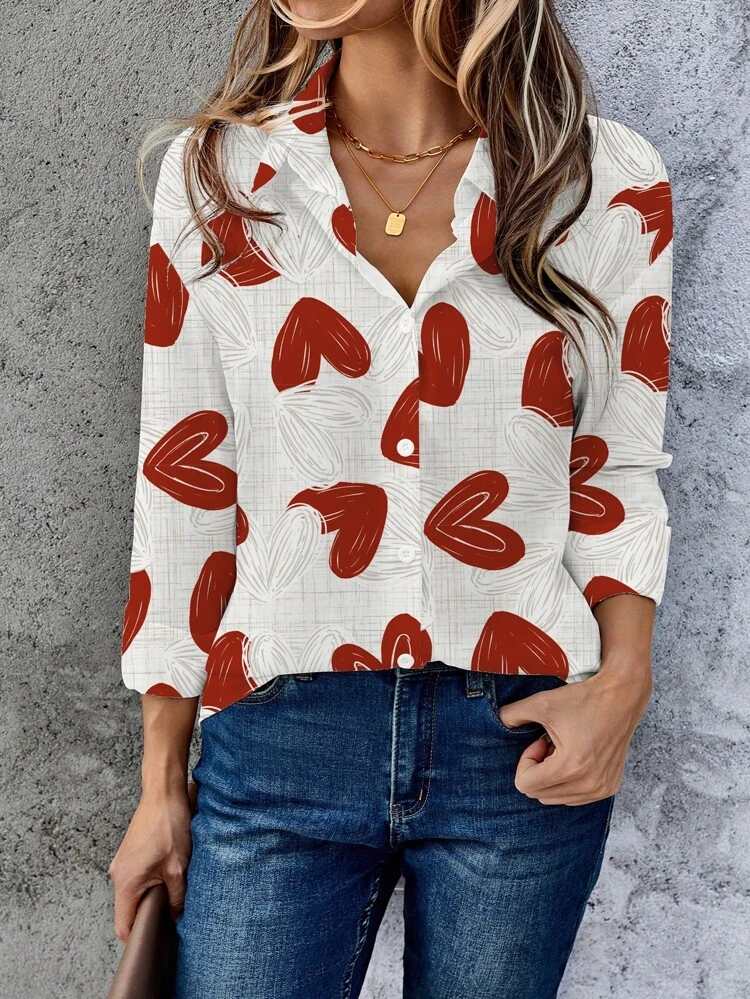 Camicia a maniche lunghe con bottoni, modello a cuori, vestibilità ampia, adatta per estate, San Valentino, uscite, top donna carini, regali di San Valentino per donne