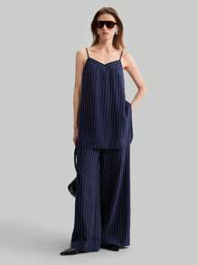 Ontre 2 件套海军蓝条纹吊带背心和阔腿裤，都市休闲风格女士无袖长裤套装，条纹面料搭配，2025 年春夏新品 - 藏蓝色 - 查看 6