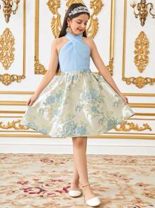 SHEIN Leap Crew Tween Girls 优雅花卉提花吊带上衣和裙子 2 件套 - 藍色 - 查看 5