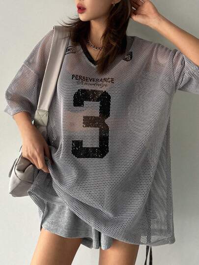 DAZY 女士宽松数字印花短袖运动衫 T 恤