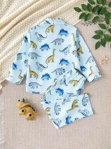 2pcs/Set Toddler Boys Cute Dinosaur Print Long Sleeve Top And Long Pants Home Outfit - Blue - View 2