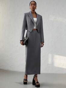 Aveloria Modichic Women's Elegant Commuter Notched Lapel Cropped Long Sleeve Blazer With Split Hem, Paired With Super Long Skirt Suit