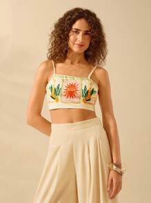 CAJUNI Regata Feminina Boho Estampa Divertida Tropical Colorida com Cadarço, Regata Casual de Praia Verão para Férias - Multicolorido - Visão 4