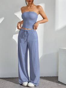 SHEIN PETITE Women Stripe Print Cropped Top And Pants 2 Pieces Set, Casual And Fitted - Blue and White - View 1