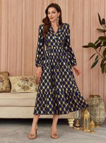 Modelyn Women's Elegant Foil Printing Lantern Sleeve Dress - Navy Blue - View 4