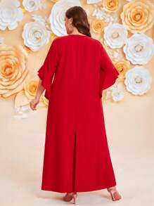 SHEIN Clasi 2pcs Plus Size Valentine's Day Romantic Elegant Solid Color Floral 3D Decor Ruffle Sleeve Slit Maxi Shirt & Pants Set - Red - View 2