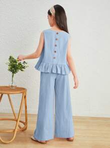 SHEIN Tween Girls Loose Casual Cap Sleeve Crew Neck Top And Pants 2 Pieces Set - Baby Blue - View 1