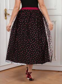SHEIN Clasi Plus Size Elegant Heart Net Mesh Long Skirt Valentines/Valentine's Day - Black - View 2
