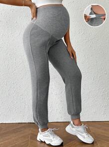 SHEIN Maternity Pants, Solid Color, Minimalist, Fashion, Casual, For Everyday Wear - Grey - View 1