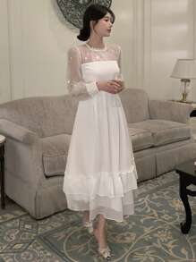 DAZY Damska sukienka na co dzień z długim rękawem, falbanką, z koronkowym kołnierzykiem i stójką, jesienna - Biały - Zobacz 3