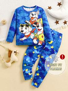 SHEIN 2 件装小男孩舒适贴身可爱卡通小狗图案圆领长袖和长裤家居睡衣套装 - 藍色 - 查看 1