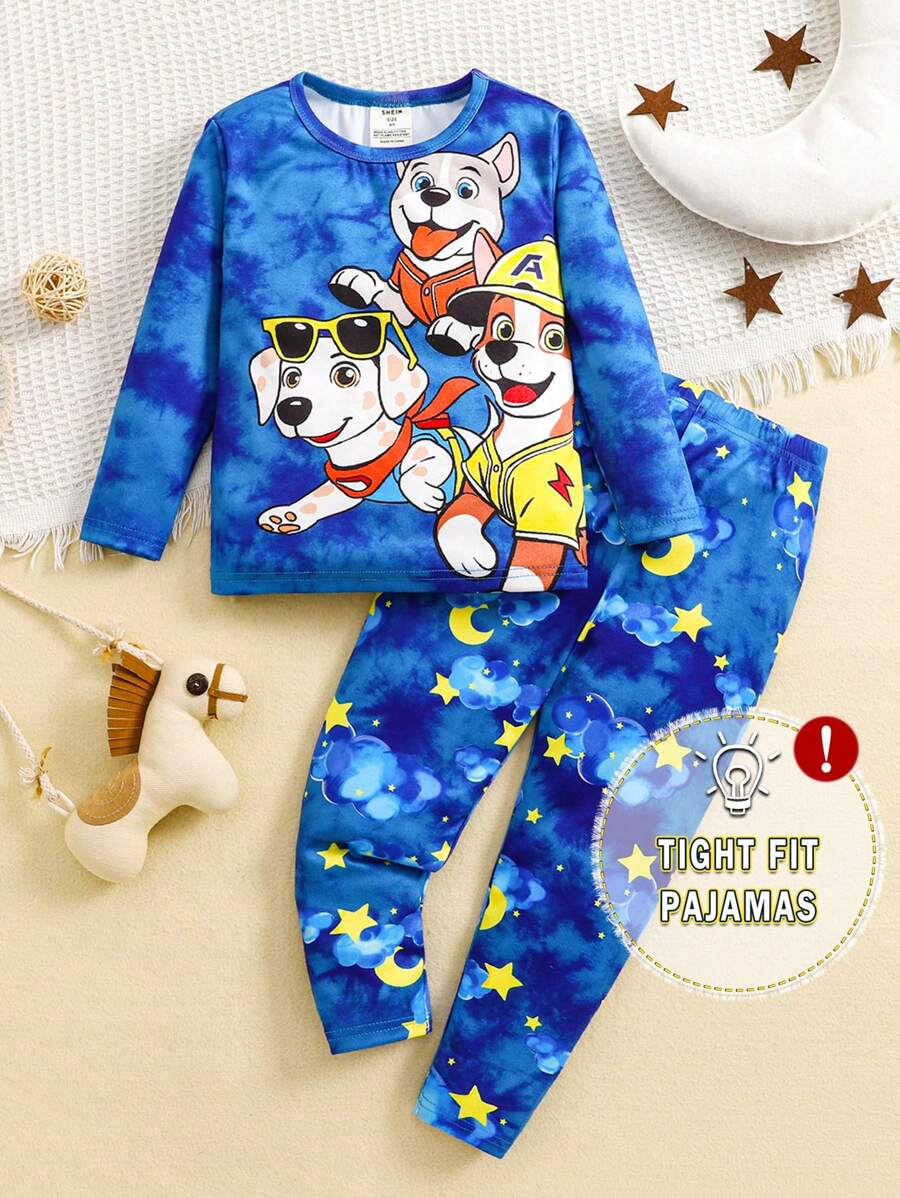 SHEIN 2 件装小男孩舒适贴身可爱卡通小狗图案圆领长袖和长裤家居睡衣套装 - 藍色 - 查看 1