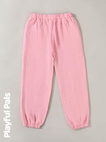 Pantalones casuales lisos de cintura elástica con bolsillo para niñas, para uso diario - Rosa - Ver 2