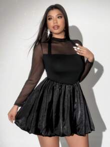 Viva Relle Plus Size Elegant Sheer Mesh Solid Color Dress - Black - View 2